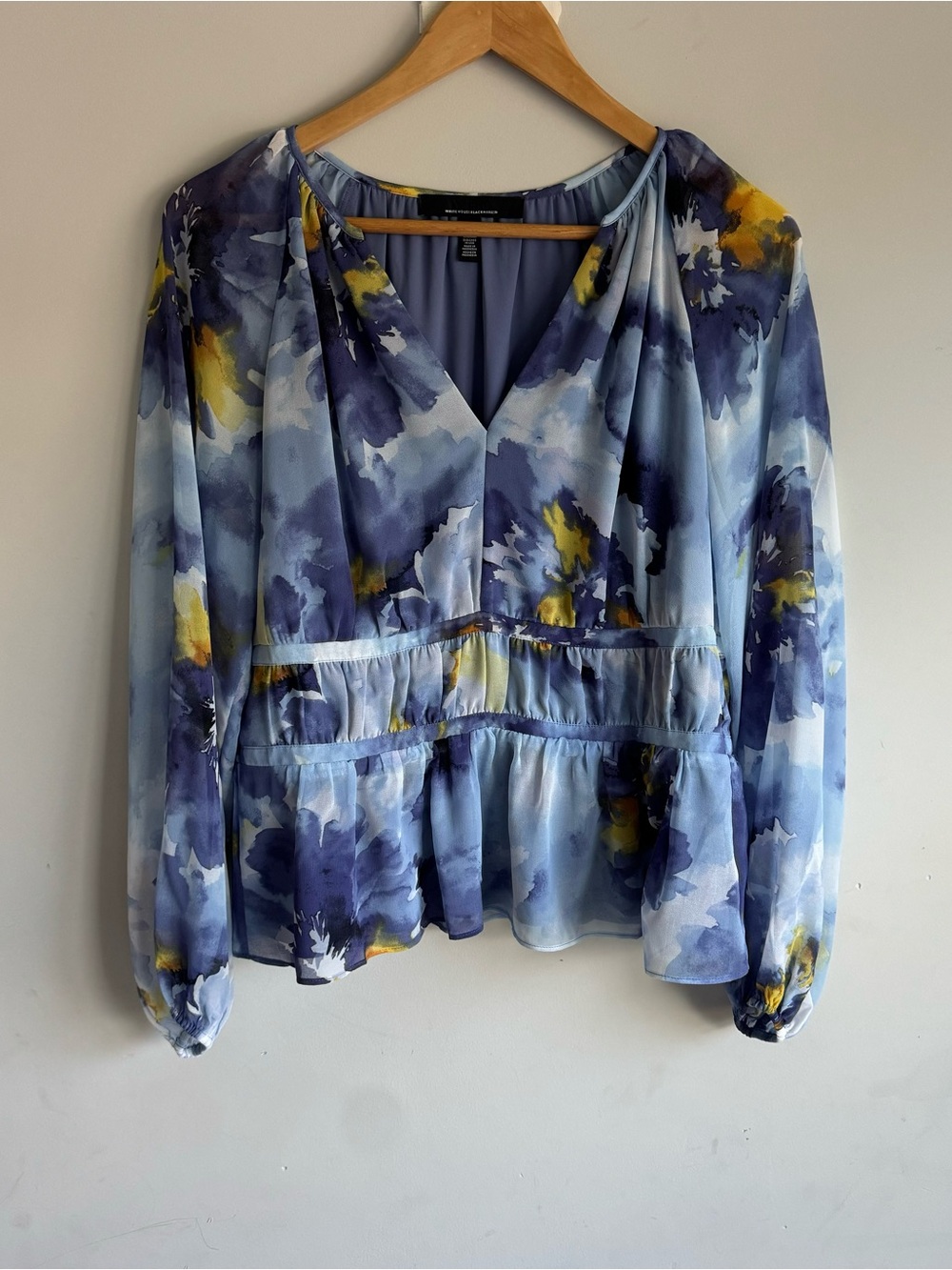 White House Black Market Blue & Yellow Floral V-Neck Peplum Blouse - Picture 2 of 7